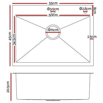 Kitchen Sink 55X45Cm Stainless Steel Basin Single Bowl Extra Hole Silver