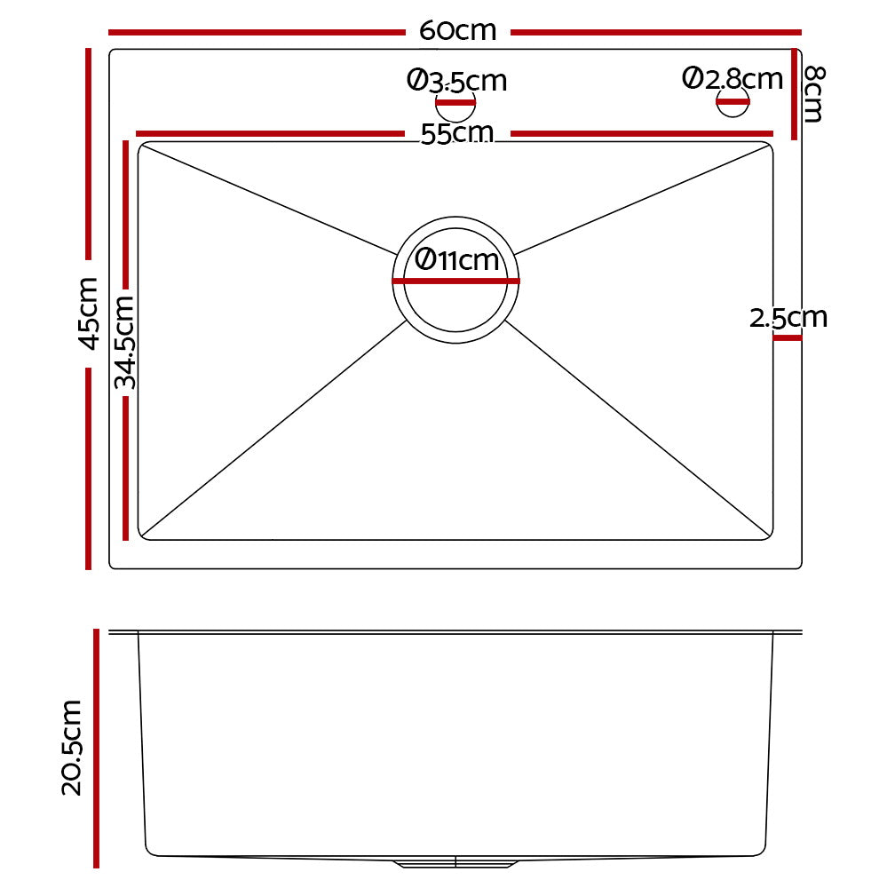60Cm X 45Cm Stainless Steel Kitchen Sink Flush/Drop-In Mount Silver