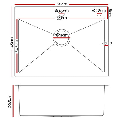 60Cm X 45Cm Stainless Steel Kitchen Sink Flush/Drop-In Mount Silver