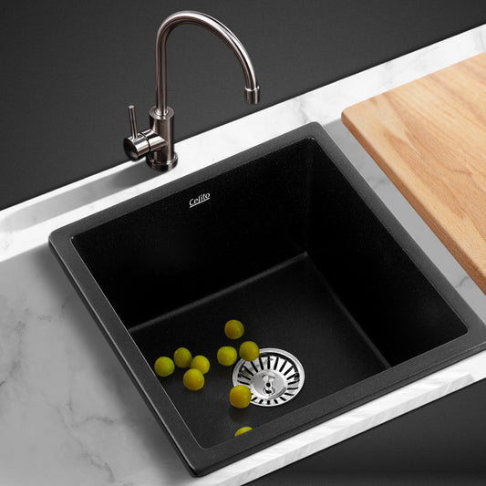 Stone Kitchen Sink 450X450Mm Granite Under/Topmount Basin Bowl Laundry Black