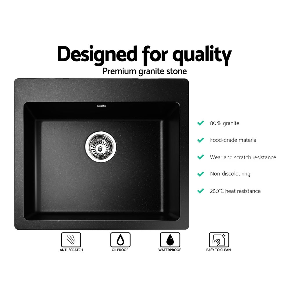 Stone Kitchen Sink 570X500Mm Granite Under Or Topmount Basin Bowl Laundry Black