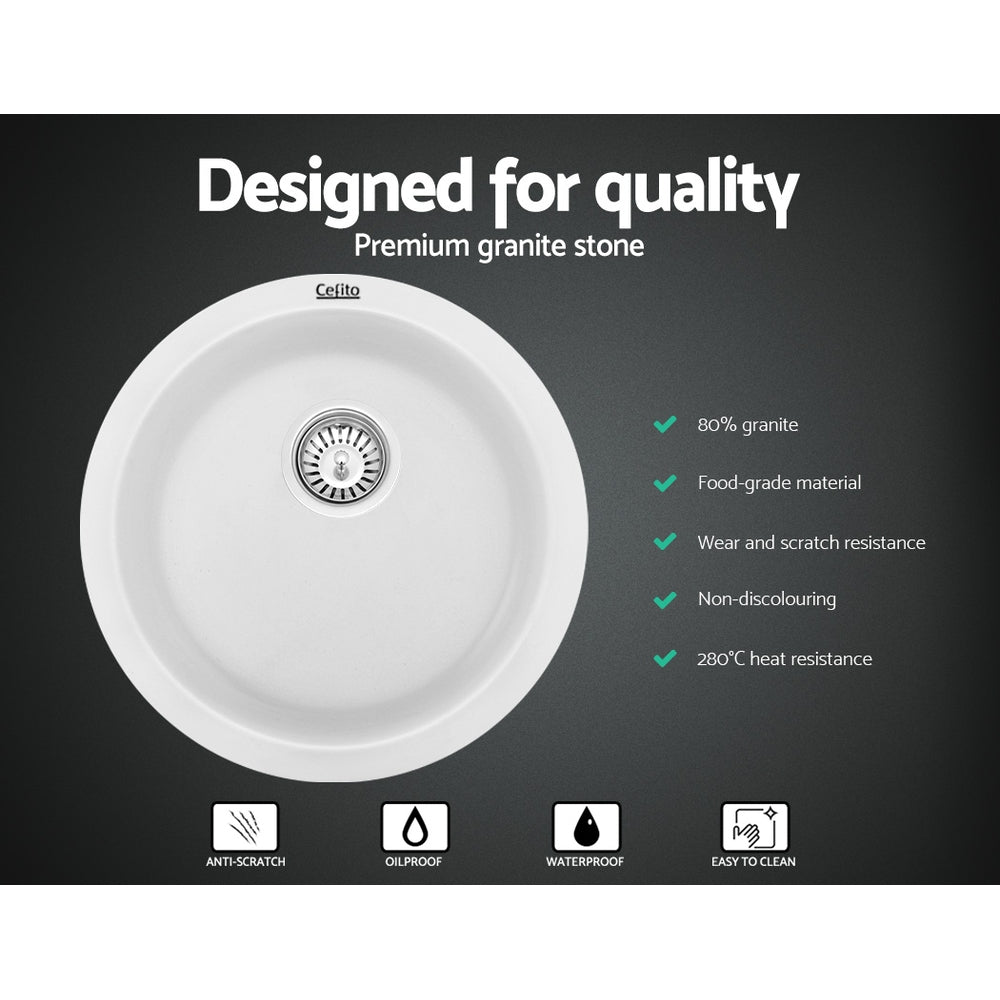 Stone Kitchen Sink Round 430Mm Granite Under/Topmount Basin Bowl Laundry White