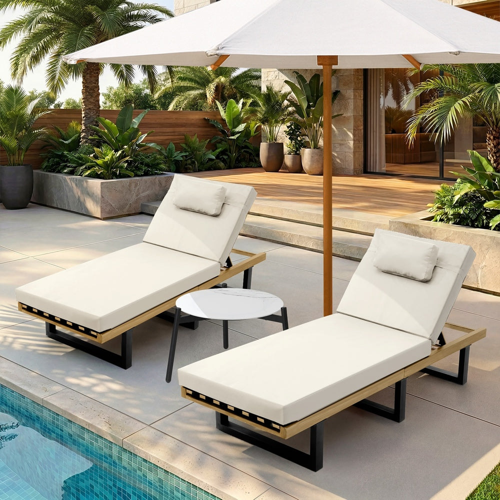 2PCS Patio Sun Lounge with Table Set Beige