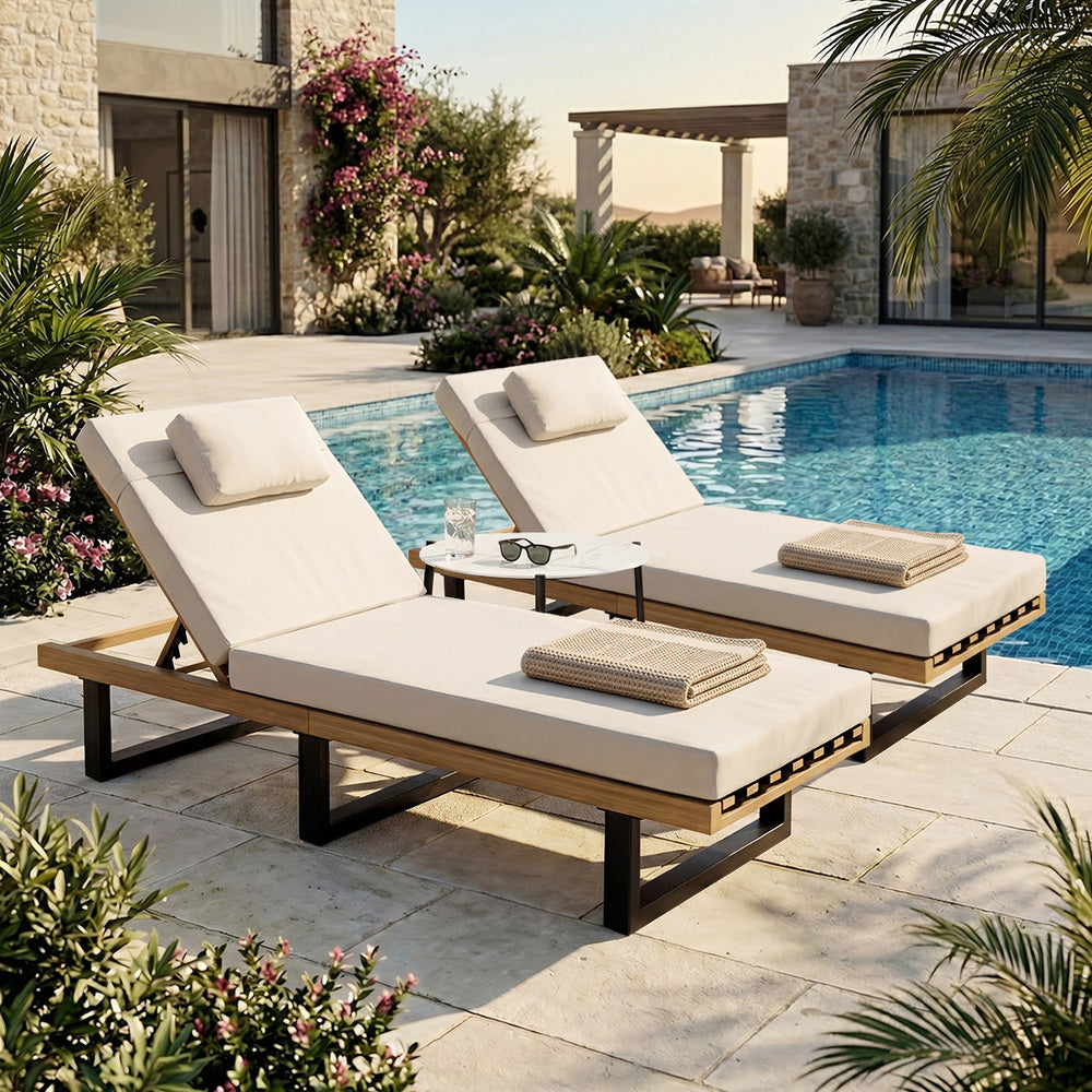 2PCS Patio Sun Lounge with Table Set Beige - 4