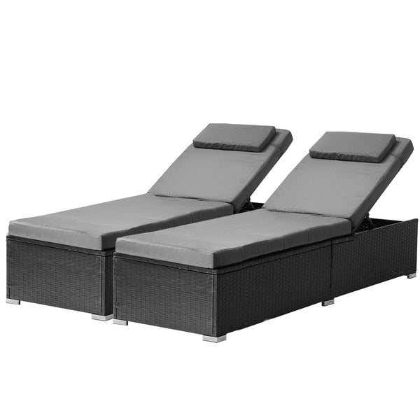  2x Sun Lounge Wicker Lounger with Adjustable Backrest