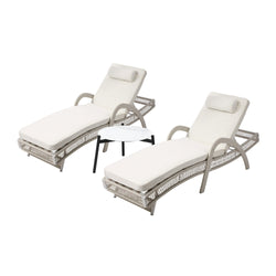 3PCS Outdoor Sun Lounger Wicker Lounge Table Chairs Grey & Beige