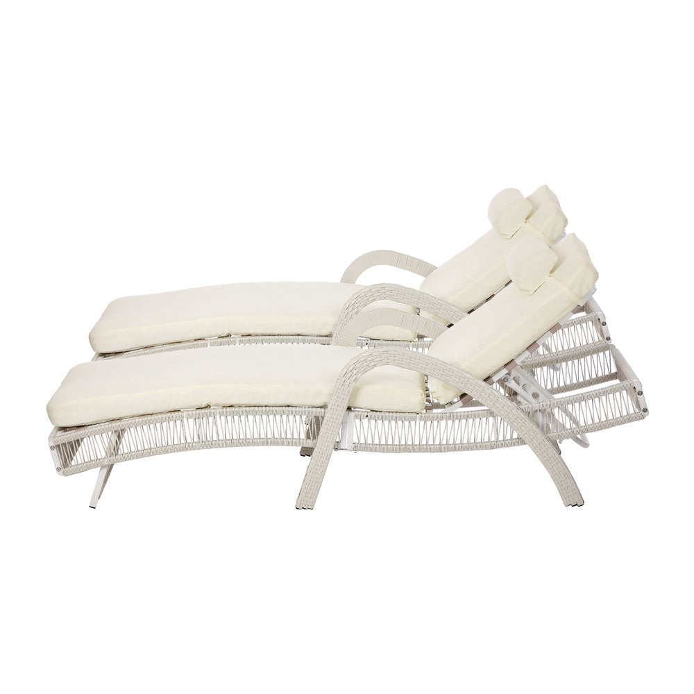 3PCS Outdoor Sun Lounger Wicker Lounge Table Chairs Grey & Beige