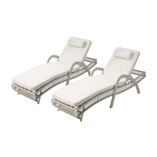 2PCS Outdoor Sun Lounge Wicker Bed Patio Furniture Beige&Grey