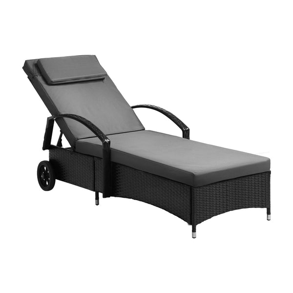  Wheeled Sun Lounger Day Bed Outdoor Setting Patio Furniture Black