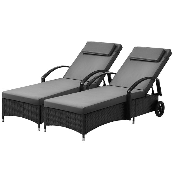  2x Sun Lounge Adjustable Backrest Wicker Black