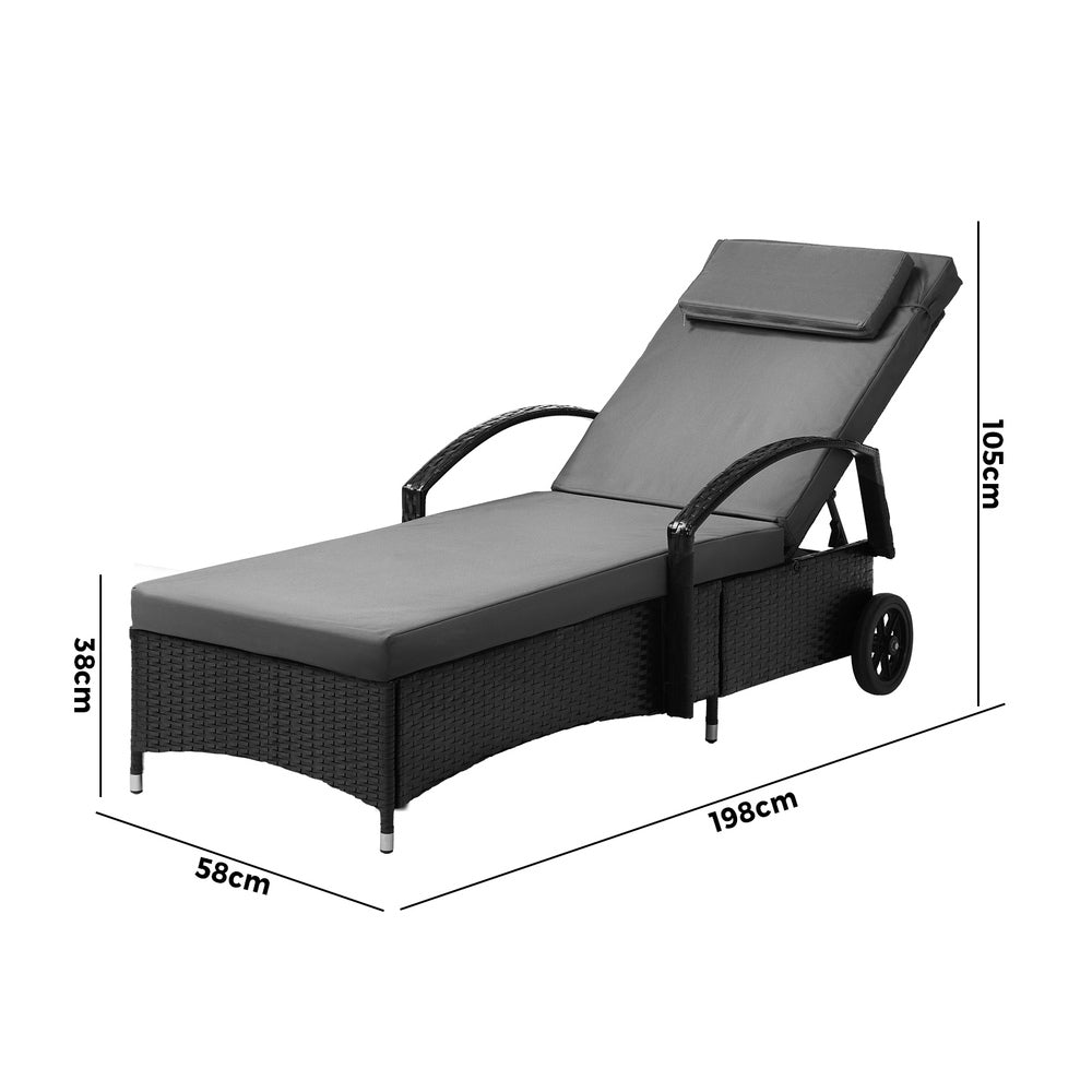 2x Sun Lounge Adjustable Backrest Wicker Black
