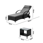 2x Wheeled Sun Lounger Day Bed & Table Outdoor Setting Patio