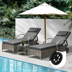 2x Wheeled Sun Lounger Day Bed & Table Outdoor Setting Patio