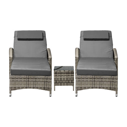 2x Wheeled Sun Lounger Day Bed & Table Outdoor Setting Patio