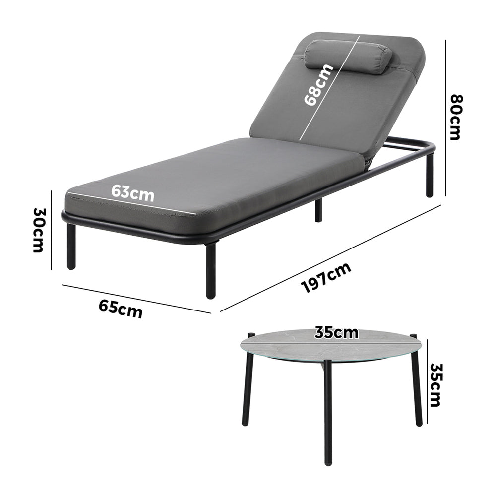 3PCS Sun Lounge Outdoor Lounger Set Table Chairs Beige & Grey