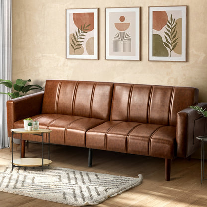 Living Room 3-Seater Sofa Bed Futon Convertible Recliner Leather Brown 195cm