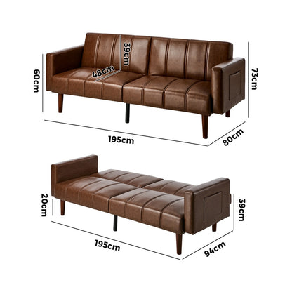 Living Room 3-Seater Sofa Bed Futon Convertible Recliner Leather Brown 195cm