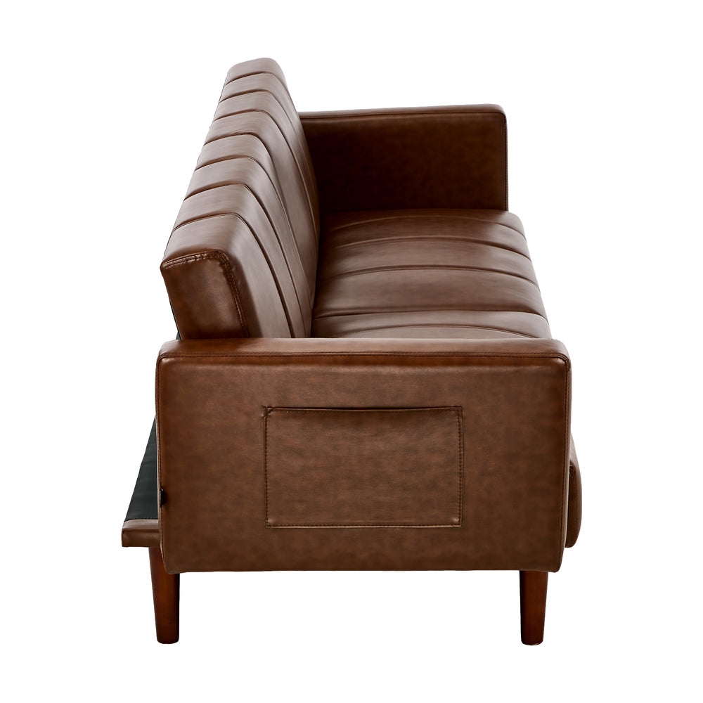 Living Room 3-Seater Sofa Bed Futon Convertible Recliner Leather Brown 195cm