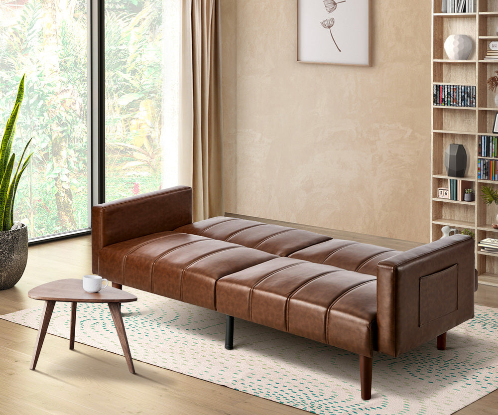 Living Room 3-Seater Sofa Bed Futon Convertible Recliner Leather Brown 195cm