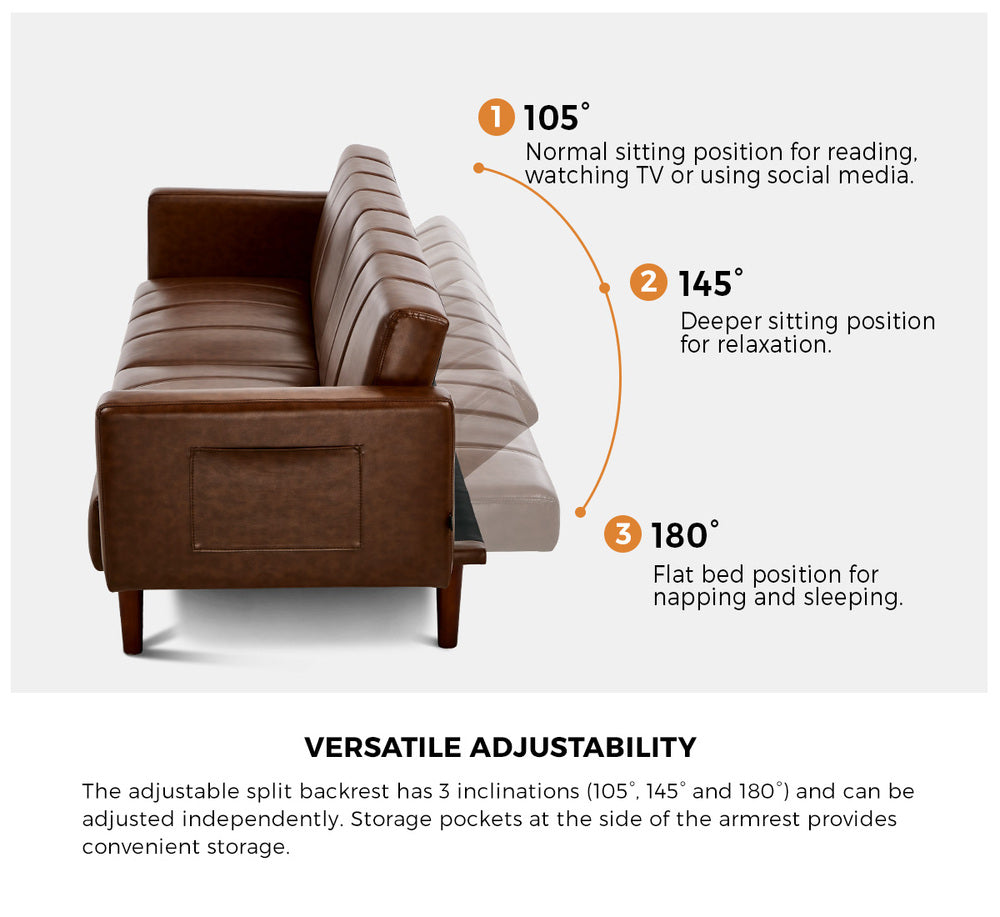 Living Room 3-Seater Sofa Bed Futon Convertible Recliner Leather Brown 195cm