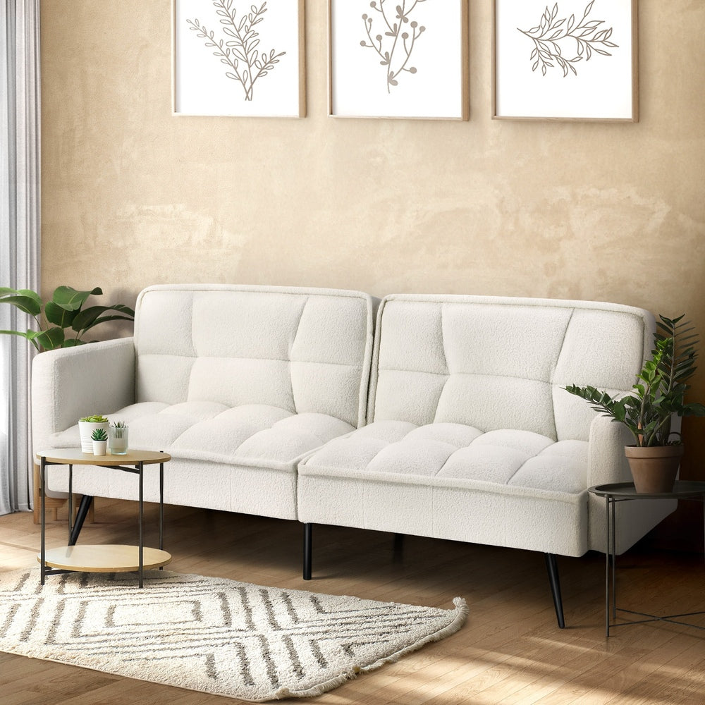 3-Seater Sofa Bed Convertible Boucle Sherpa Lounge Couch White