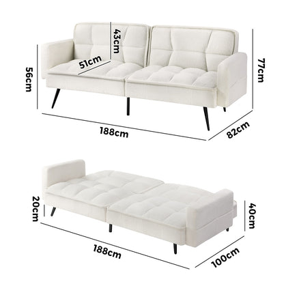 3-Seater Sofa Bed Convertible Boucle Sherpa Lounge Couch White