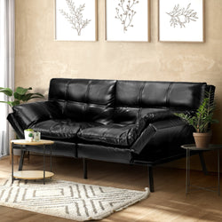 Sofa Bed Futon Lounge Couch Convertible Leather 3-Seater Black