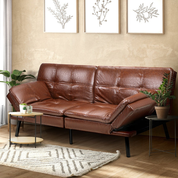  Sofa Bed 3-Seater Convertible Leather Brown