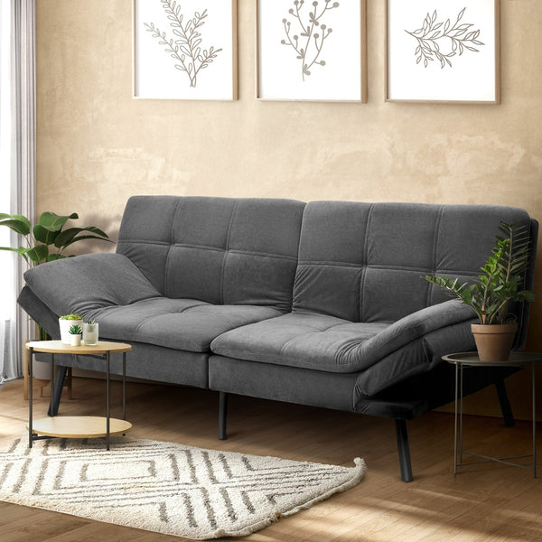  Sofa Bed Futon Lounge Couch Convertible Polyester 3-Seater Grey