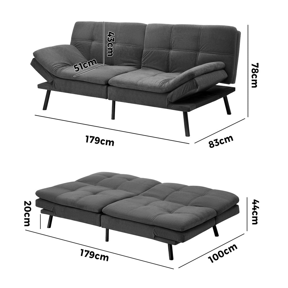 Sofa Bed Futon Lounge Couch Convertible Polyester 3-Seater Grey