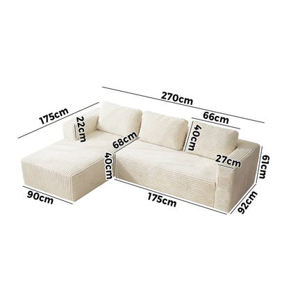 L Shape Sofa Cloud Couch Chaise Corduroy Beige - 9