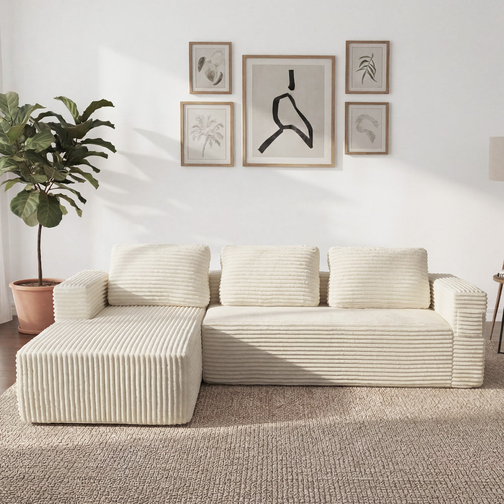 L Shape Sofa Cloud Couch Chaise Corduroy Beige - 4