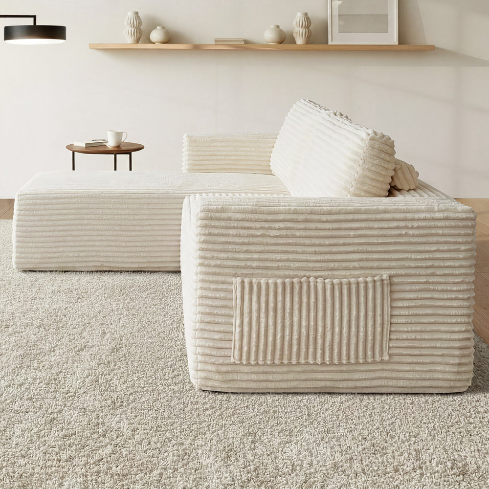 L Shape Sofa Cloud Couch Chaise Corduroy Beige - 7