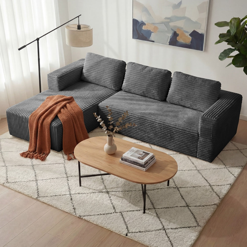 Modular L Shape Sofa Cloud Couch Chaise Corduroy Grey
