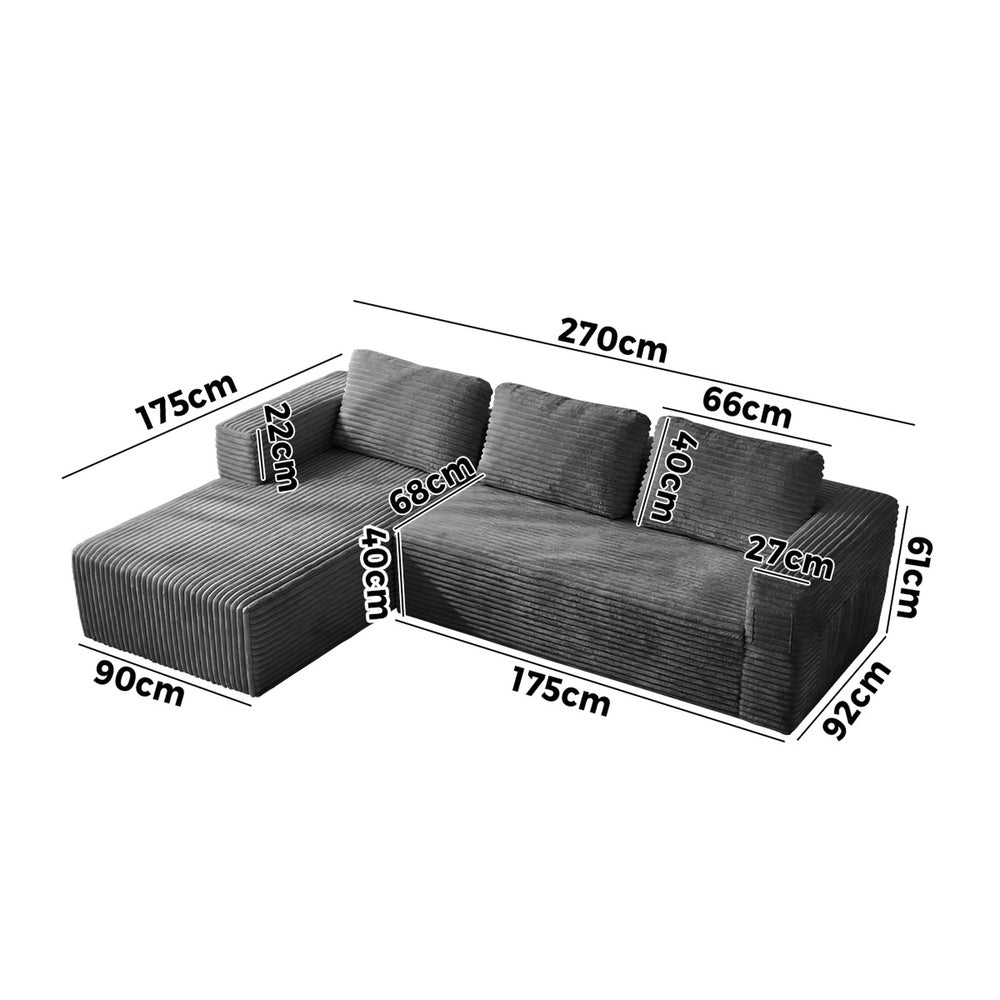 Modular L Shape Sofa Cloud Couch Chaise Corduroy Grey - 8