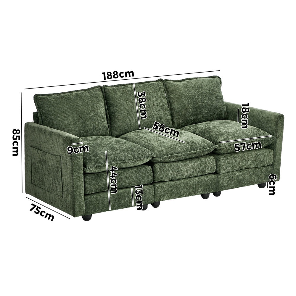 Green 3 Seater Sofa Chenille 188x75x85cm