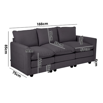 Contemporary 3-Seater Sofa Couch Corduroy Lounge Beige Thick Cushion 188cm