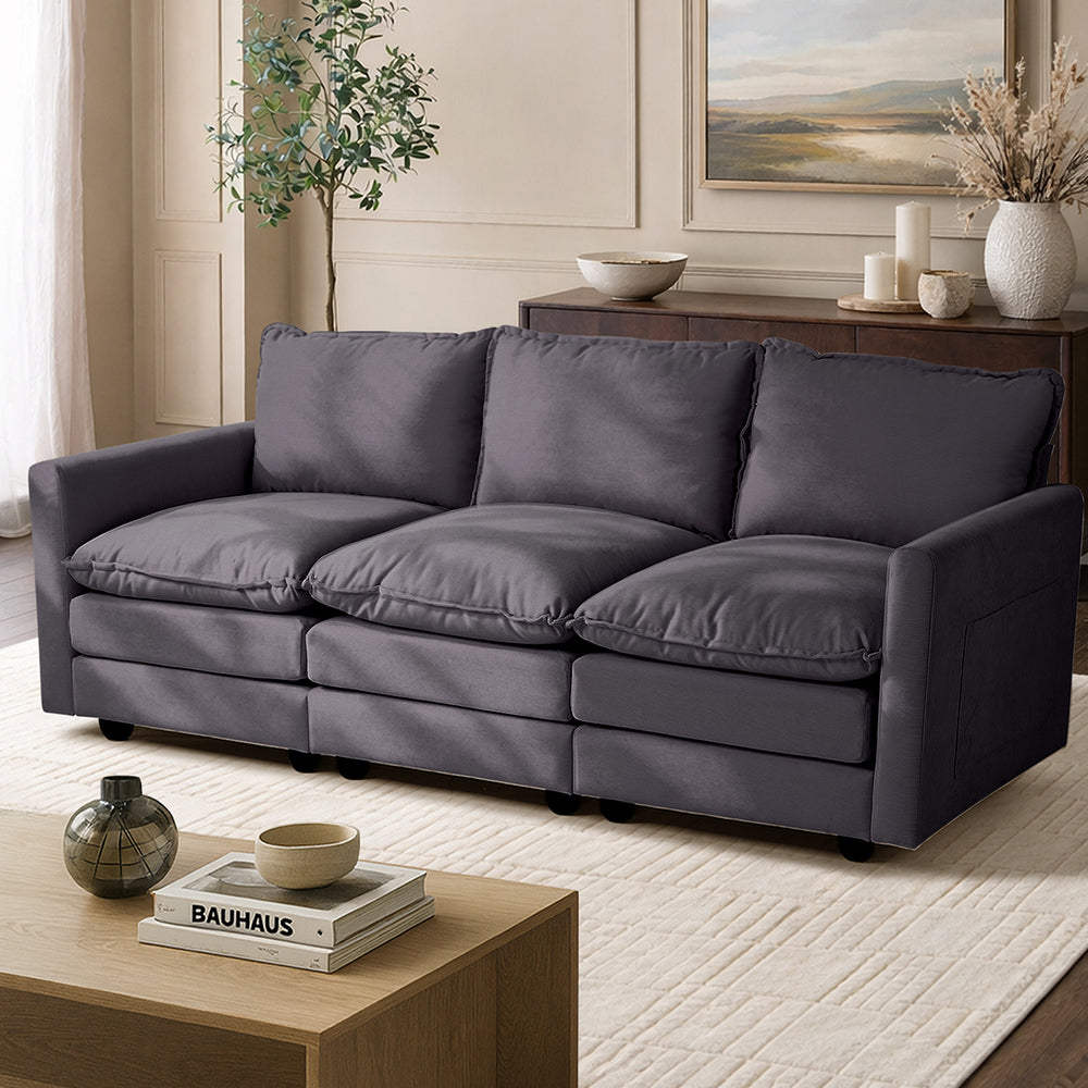Contemporary 3-Seater Sofa Couch Corduroy Lounge Beige Thick Cushion 188cm