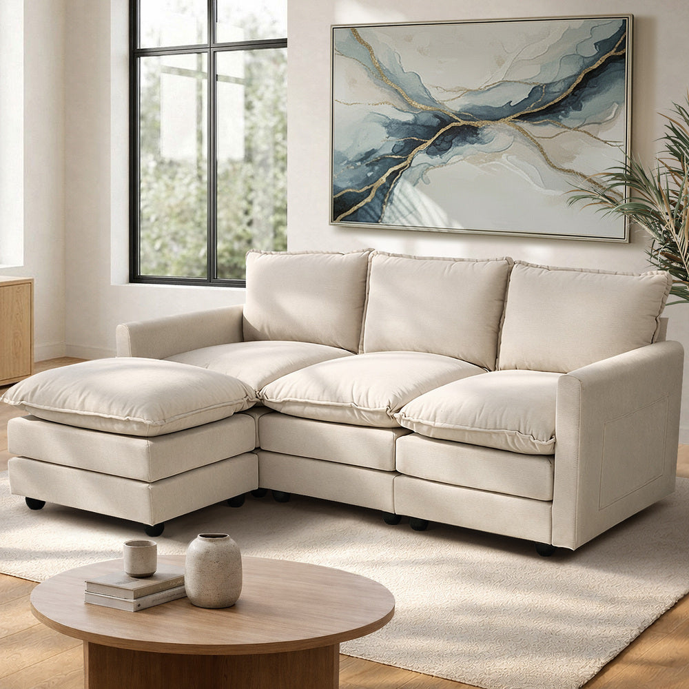 Modular 3-Seater Sofa Set Corduroy Couch with Ottoman Beige Thick Cushion 188cm