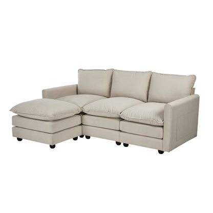 Modular 3-Seater Sofa Set Corduroy Couch with Ottoman Beige Thick Cushion 188cm