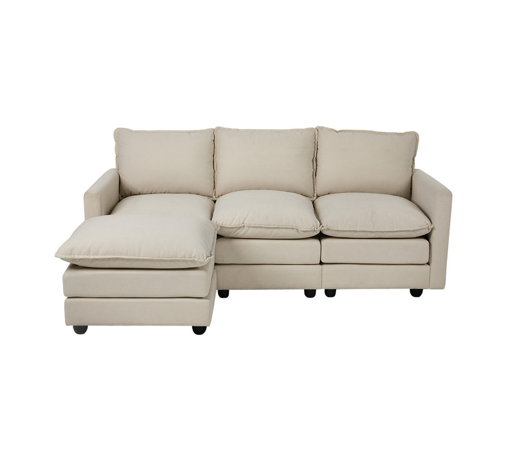 Modular 3-Seater Sofa Set Corduroy Couch with Ottoman Beige Thick Cushion 188cm