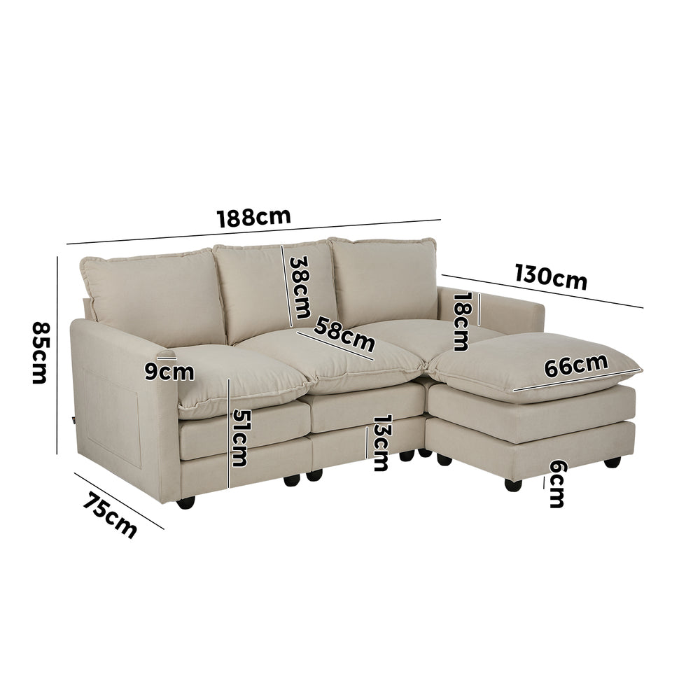 Modular 3-Seater Sofa Set Corduroy Couch with Ottoman Beige Thick Cushion 188cm