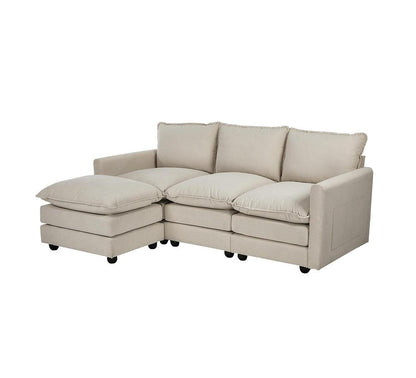 Modular 3-Seater Sofa Set Corduroy Couch with Ottoman Beige Thick Cushion 188cm