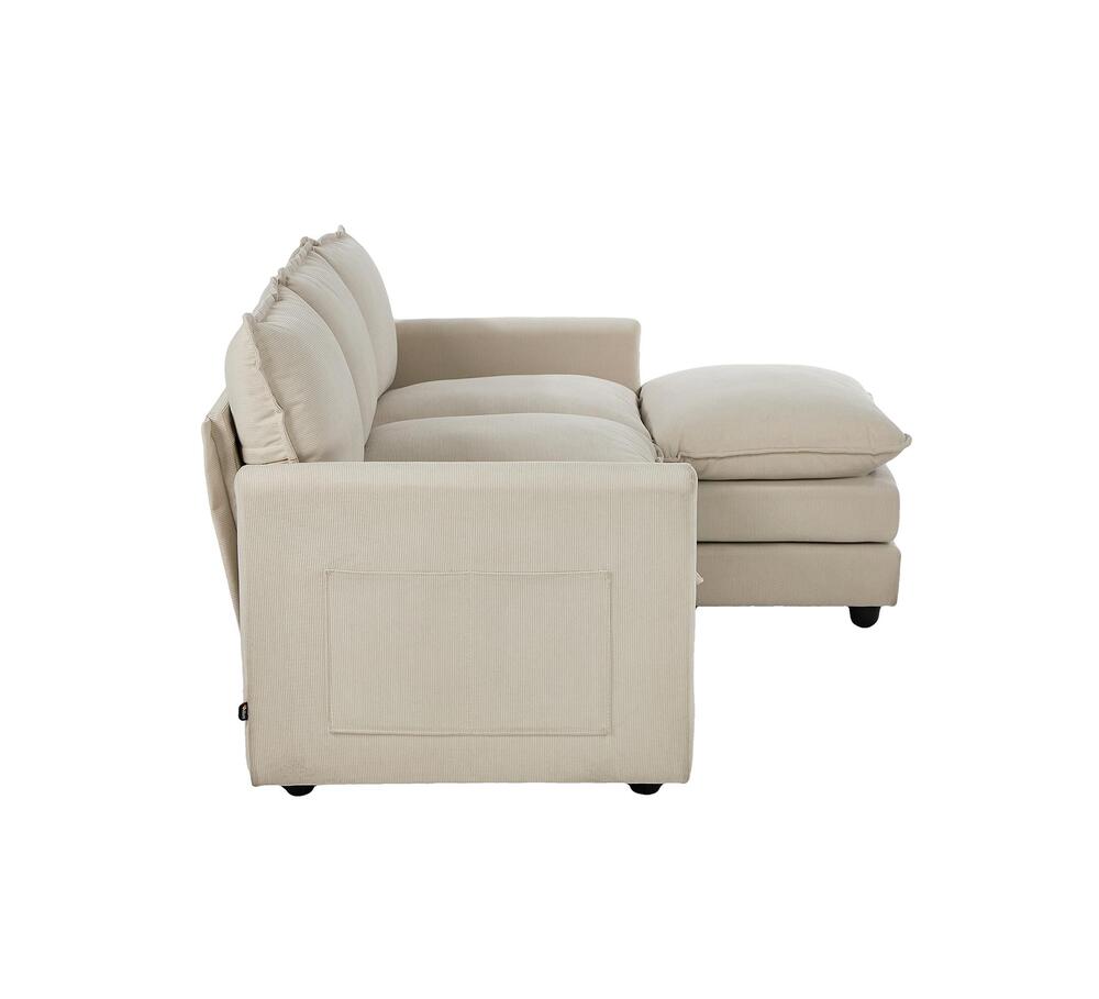 Modular 3-Seater Sofa Set Corduroy Couch with Ottoman Beige Thick Cushion 188cm