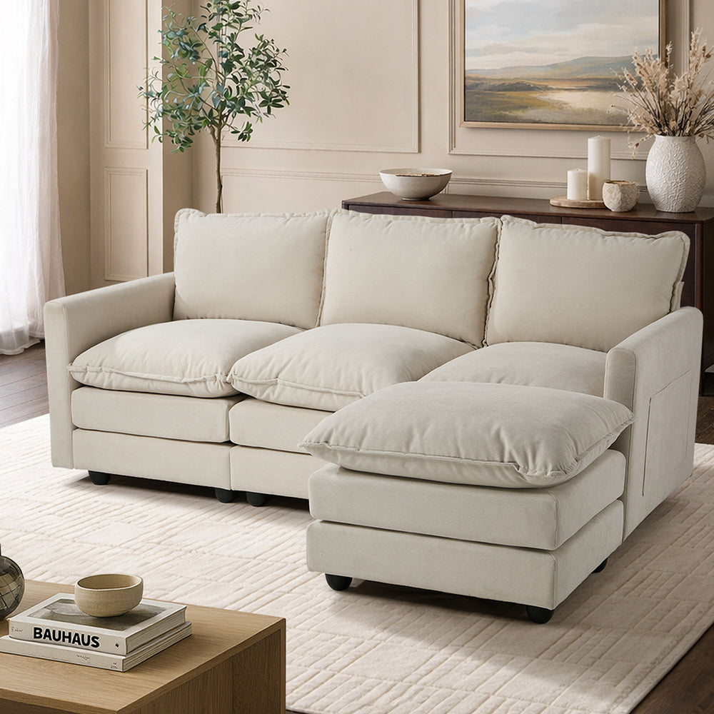 Modular 3-Seater Sofa Set Corduroy Couch with Ottoman Beige Thick Cushion 188cm