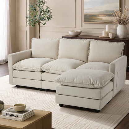 Modular 3-Seater Sofa Set Corduroy Couch with Ottoman Beige Thick Cushion 188cm
