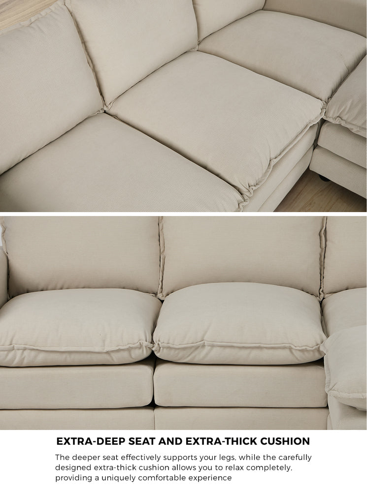 Modular 3-Seater Sofa Set Corduroy Couch with Ottoman Beige Thick Cushion 188cm
