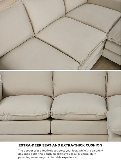 Modular 3-Seater Sofa Set Corduroy Couch with Ottoman Beige Thick Cushion 188cm