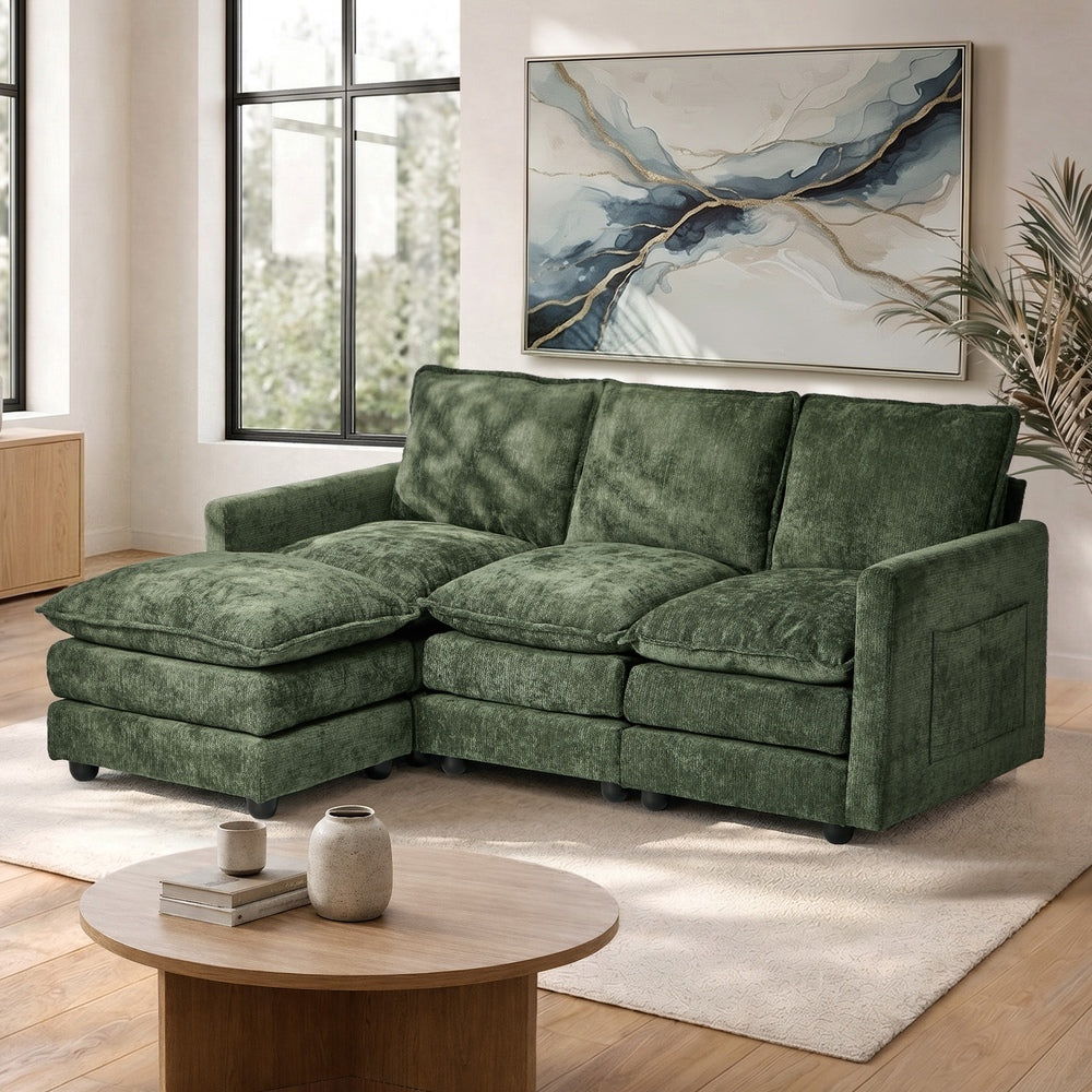 L Shaped Sofa Green Chenille 188x130x85cm