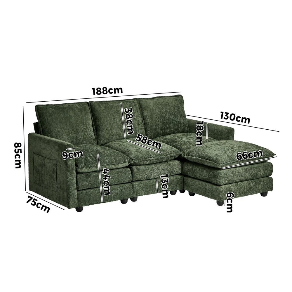 L Shaped Sofa Green Chenille 188x130x85cm